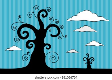 Abstract Vector Black Trees Illustration with Clouds on Blue Cardboard Background
