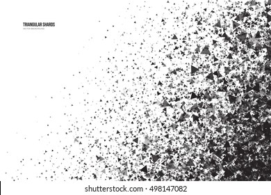 Abstract vector black triangular shards on white background. Scatter falling dark gray triangle particles. Exploding effect