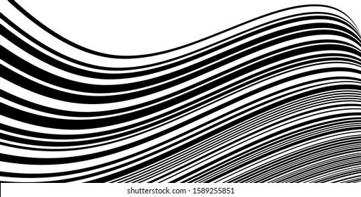 Abstract vector black wavy lines background. Monochrome modern 3D banner.