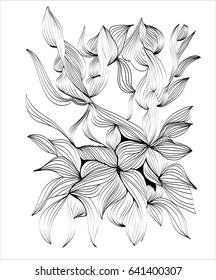 Abstract vector black and white design with waves. Japanese motifs. graphic vector drawing, wavy hair by hand. Floral motifs