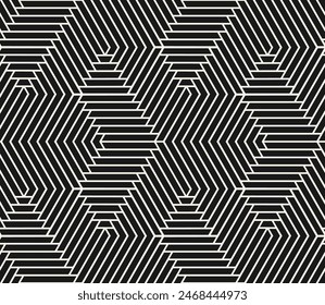 Abstract vector black and white geometric seamless pattern. Stylish minimal texture with quirky lines, stripes, arrows, grid. Simple modern monochrome background. Trendy repeated dark geo design 