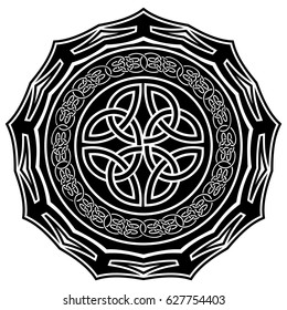 Abstract vector black and white illustration round beautiful ornament with celtic knots. Decorative vintage ethnic mandala pattern. Design element for tattoo or logo.