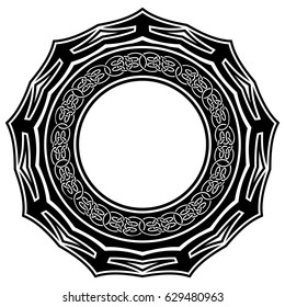 Abstract vector black and white illustration round beautiful frame with celtic knots. Decorative vintage ethnic mandala pattern. Design element for tattoo or logo.