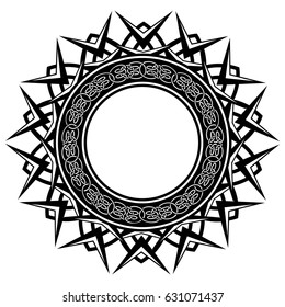 Abstract vector black and white illustration round beautiful frame with celtic knots. Decorative vintage ethnic mandala pattern. Design element for tattoo or logo.