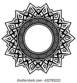 Abstract vector black and white illustration round beautiful frame with celtic knots. Decorative vintage ethnic mandala pattern. Design element for tattoo or logo.