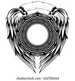 Abstract vector black and white illustration round beautiful frame with celtic knots on wings. Decorative vintage ethnic mandala pattern. Design element for tattoo or logo.