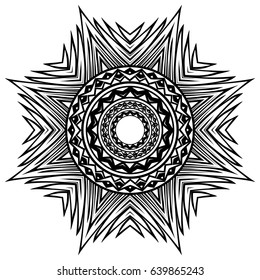 Abstract vector black and white illustration round beautiful ornament. Decorative vintage ethnic mandala pattern. Design element for tattoo or logo.