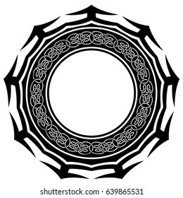 Abstract vector black and white illustration round beautiful frame with celtic knots. Decorative vintage ethnic mandala pattern. Design element for tattoo or logo.