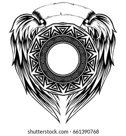 Abstract vector black and white illustration round beautiful frame with celtic knots on wings. Decorative vintage ethnic mandala pattern. Design element for tattoo or logo.