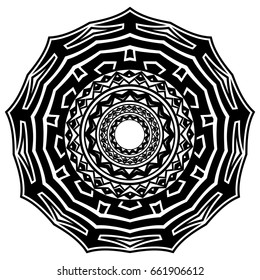 Abstract vector black and white illustration round beautiful ornament. Decorative vintage ethnic mandala pattern. Design element for tattoo or logo.