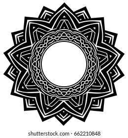 Abstract vector black and white illustration round beautiful tracery frame. Decorative vintage ethnic mandala pattern. Design element for tattoo or logo.