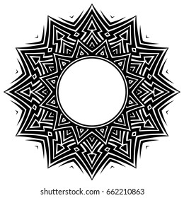 Abstract vector black and white illustration round beautiful tracery frame. Decorative vintage ethnic mandala pattern. Design element for tattoo or logo.