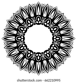 Abstract vector black and white illustration round beautiful tracery frame. Decorative vintage ethnic mandala pattern. Design element for tattoo or logo.