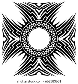 Abstract vector black and white illustration beautiful tracery frame. Decorative vintage tribal cross with patterns. Design element for tattoo or logo.