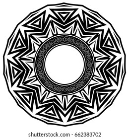 Abstract vector black and white illustration round beautiful frame with celtic knots. Decorative vintage ethnic mandala pattern. Design element for tattoo or logo.