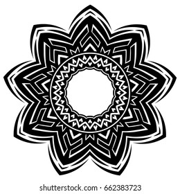 Abstract vector black and white illustration round beautiful tracery frame. Decorative vintage ethnic mandala pattern. Design element for tattoo or logo.