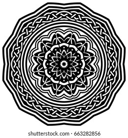 Abstract vector black and white illustration round beautiful ornament. Decorative vintage ethnic mandala pattern. Design element for tattoo or logo.