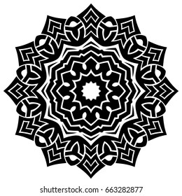 Abstract vector black and white illustration round beautiful ornament. Decorative vintage ethnic mandala pattern. Design element for tattoo or logo.