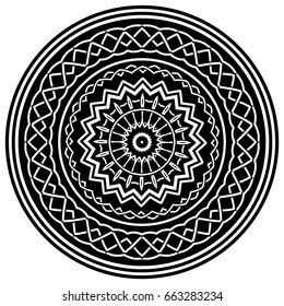 Abstract vector black and white illustration round beautiful ornament. Decorative vintage ethnic mandala pattern. Design element for tattoo or logo.