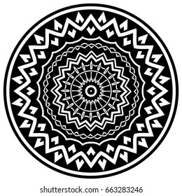 Abstract vector black and white illustration round beautiful ornament. Decorative vintage ethnic mandala pattern. Design element for tattoo or logo.