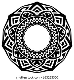 Abstract vector black and white illustration round beautiful tracery frame. Decorative vintage ethnic mandala pattern. Design element for tattoo or logo.