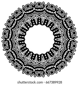 Abstract vector black and white illustration round beautiful tracery frame. Decorative vintage ethnic mandala pattern. Design element for tattoo or logo.