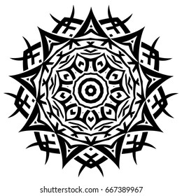 Abstract vector black and white illustration round beautiful ornament. Decorative vintage ethnic mandala pattern. Design element for tattoo or logo.