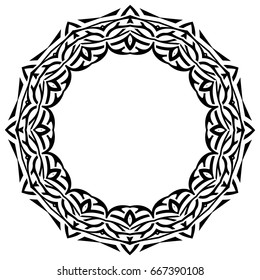 Abstract vector black and white illustration round beautiful tracery frame. Decorative vintage ethnic mandala pattern. Design element for tattoo or logo.