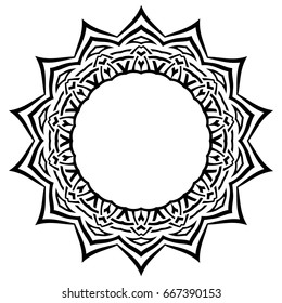 Abstract vector black and white illustration round beautiful tracery frame. Decorative vintage ethnic mandala pattern. Design element for tattoo or logo.