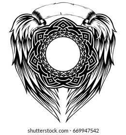 Abstract vector black and white illustration round beautiful frame on wings. Decorative vintage ethnic mandala pattern. Design element for tattoo or logo.