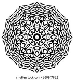 Abstract vector black and white illustration round beautiful ornament. Decorative vintage ethnic mandala pattern. Design element for tattoo or logo.