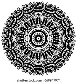 Abstract vector black and white illustration round beautiful ornament. Decorative vintage ethnic mandala pattern. Design element for tattoo or logo.