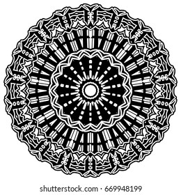 Abstract vector black and white illustration round beautiful ornament. Decorative vintage ethnic mandala pattern. Design element for tattoo or logo.