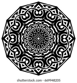 Abstract vector black and white illustration round beautiful ornament. Decorative vintage ethnic mandala pattern. Design element for tattoo or logo.