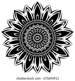 Abstract vector black and white illustration round beautiful ornament. Decorative vintage ethnic mandala pattern. Design element for tattoo or logo.