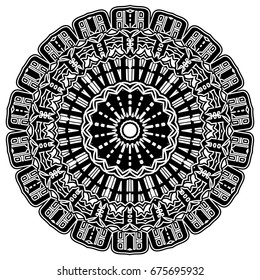 Abstract vector black and white illustration round beautiful ornament. Decorative vintage ethnic mandala pattern. Design element for tattoo or logo.