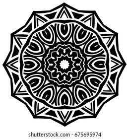 Abstract vector black and white illustration round beautiful ornament. Decorative vintage ethnic mandala pattern. Design element for tattoo or logo.