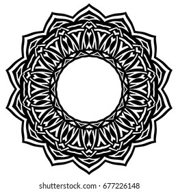 Abstract vector black and white illustration round beautiful tracery frame. Decorative vintage ethnic mandala pattern. Design element for tattoo or logo.