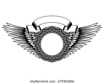 Abstract vector black and white illustration round beautiful frame on wings. Decorative vintage ethnic mandala pattern. Design element for tattoo or logo.