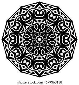 Abstract vector black and white illustration round beautiful ornament. Decorative vintage ethnic mandala pattern. Design element for tattoo or logo.