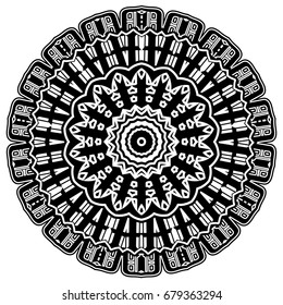 Abstract vector black and white illustration round beautiful ornament. Decorative vintage ethnic mandala pattern. Design element for tattoo or logo.