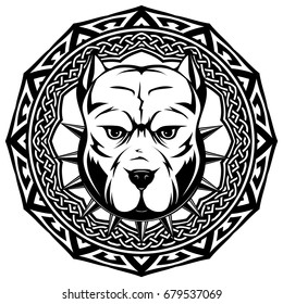 Abstract vector black and white illustration portrait of fighting dogs on round pattern. Head of dog breed pit bull in collar with spikes. 