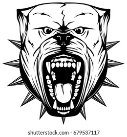 Abstract vector black and white illustration portrait of aggressive dogs. Head of dog breed pit bull with open mouth and collar with spikes. 