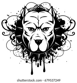 Abstract vector black and white illustration portrait of fighting dogs on grunge background. Head of dog breed pit bull in collar with spikes. 