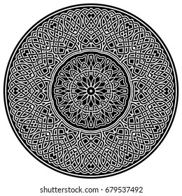 Abstract vector black and white illustration round beautiful ornament. Decorative vintage ethnic mandala pattern. Design element for tattoo or logo.