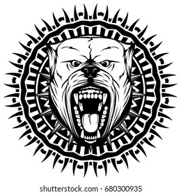 Abstract vector black and white illustration portrait of aggressive dogs on round pattern. Head of dog breed pit bull with open mouth and collar with spikes. 