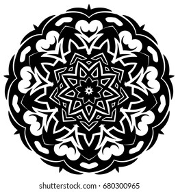 Abstract vector black and white illustration round beautiful ornament. Decorative vintage ethnic mandala pattern. Design element for tattoo or logo.