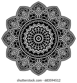 Ilustración abstracta en blanco y negro alrededor de bello adorno. Patrón de mandala étnica vintage decorativo. Elemento de diseño para tatuajes o logotipos.