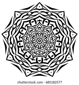 Abstract vector black and white illustration round beautiful ornament. Decorative vintage ethnic mandala pattern. Design element for tattoo or logo.