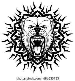 Abstract vector black and white illustration portrait of aggressive dogs on round pattern. Head of dog breed pit bull with open mouth and collar with spikes. 